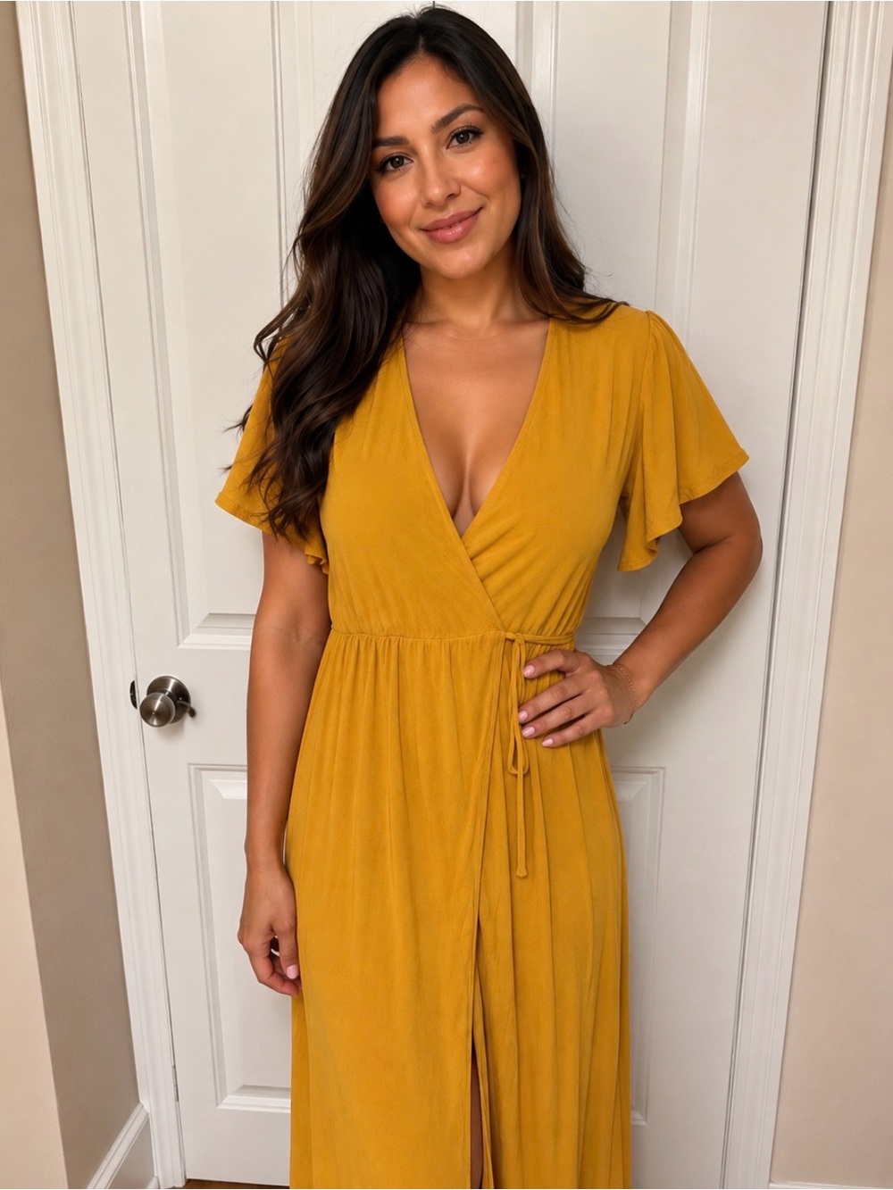 Lulu’s Mustard Yellow Maxi Wrap Dress Short Sleeve V-Neck Tie Waist